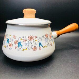 80s Chefmate Blue Ribbon Geese Enamel Fondue Pot and Lid with Wood Handle Knob